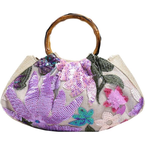 Women's Clutch Handbag Cream Ruched Small Evening Purse with Floral Embroidery